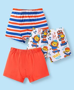Babyhug 100% Cotton Knit Trunks with Stripes & Lion Print Pack of 3 -  White & Red