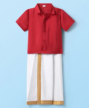 Babyhug Woven Half Sleeves Solid Color Shirt & Mundu Set - Red & White