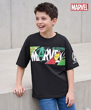 Pine Kids Marvel Terry Knit Half Drop Shoulder Sleeves Oversized T-Shirt with Avengers Graphics - Black