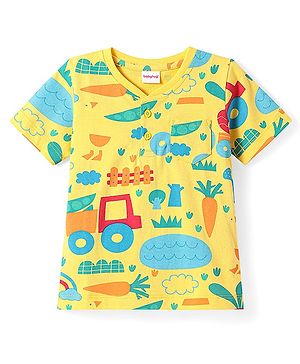 Babyhug Cotton Knit Half Sleeves Henley Neck T-Shirt with Farm Print - Yellow