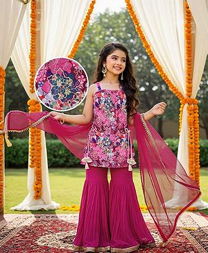Babyhug Woven Sleeveless Georgette Embroidered Kurti & Gharara With Floral Print & Dupatta - Pink
