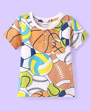 Babyhug Cotton Knit Half Sleeves Henley Neck T-Shirt With Sport Ball Print - White