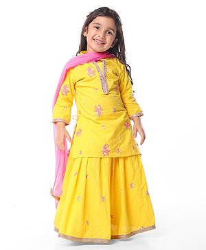 Babyhug Woven Three Fourth Sleeves Chanderi Embroidered Long Choli With Lehenga And Dupatta Set With Floral Embroidery - Yellow