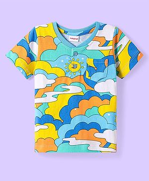 Babyhug Cotton Knit Half Sleeves Henley Neck T-Shirt with Cloud Print - Multicolor