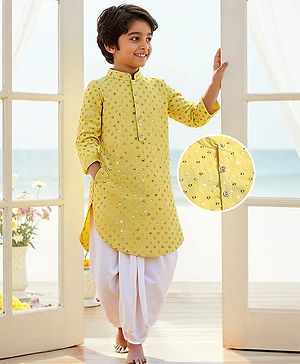 Babyhug Woven Full Sleeves Sequined Embroidered Kurta Dhoti Set - Yellow