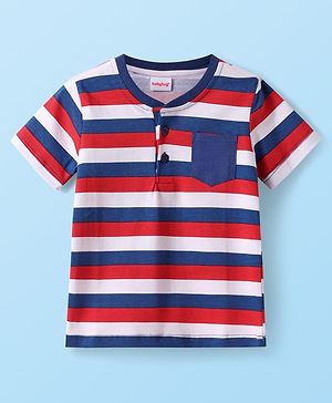 Babyhug Cotton Knit Half Sleeves Henley Neck T- Shirt With Stripes & Pocket  - Red & Navy Blue