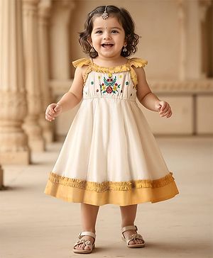 Babyhug South Cotton Woven Frill Sleeves Ethnic Dress with Floral Embroidery - Off White