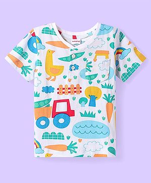 Babyhug Cotton Knit Half Sleeves Henley Neck T-Shirt with Farm Print - White