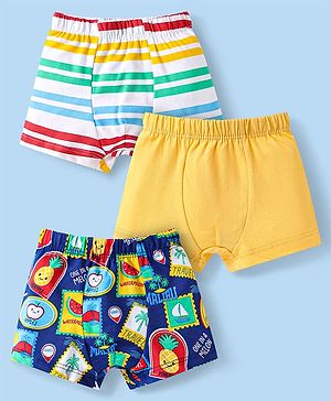 Babyhug 100% Cotton Knit Antibacterial Trunks With Stripes & Beach Theme Print Pack Of 3 - Navy Blue & Yellow