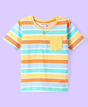 Babyhug Cotton Knit Half Sleeves Henley Neck T-Shirt With Stripes & Pocket - Yellow & Orange