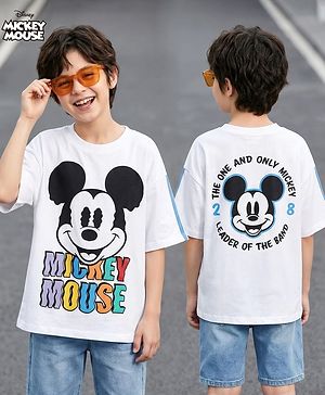 Pine Kids Disney Terry Knit Half Drop Shoulder Sleeves Oversized T-Shirt with Mickey Mouse Front & Back Graphics - White