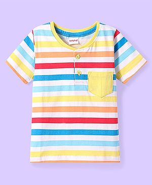 Babyhug Cotton Knit Half Sleeves Henley Neck T-Shirt With Stripes & Pocket - Yellow & Red