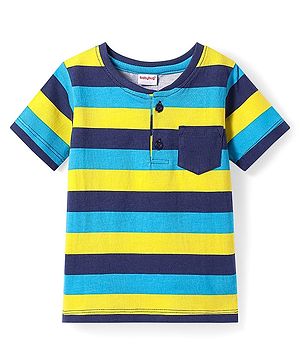 Babyhug Cotton Knit Half Sleeves Henley Neck T-Shirt With Stripes & Pocket - Yellow & Blue