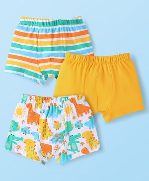 Babyhug 100% Cotton Knit Trunks With Stripes & Dino Print Pack of 3 - White & Yellow