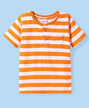 Babyhug Cotton Knit Half Sleeves Henley Neck T-Shirt With Stripes & Pocket - White & Orange
