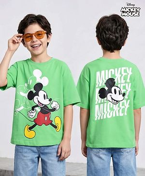 Pine Kids Disney Terry Knit Half Drop Shoulder Sleeves Oversized T-Shirt with Mickey Mouse Front & Back Graphics - Light Green
