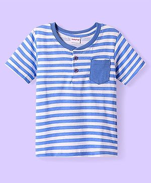Babyhug Cotton Knit Half Sleeves Henley Neck T-Shirt with Stripes - Blue