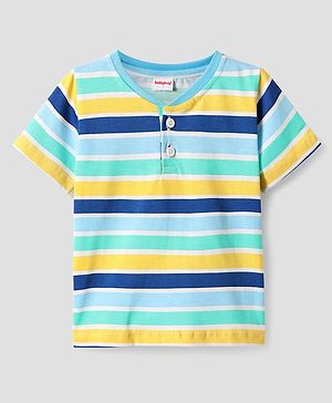 Babyhug Cotton Knit Half Sleeves Henley Neck T-Shirt with Stripes - Light Blue