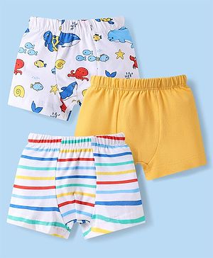 Babyhug 100% Cotton Knit Antibacterial Trunks With Stripes & Sea Life Print Pack Of 3 - White & Yellow