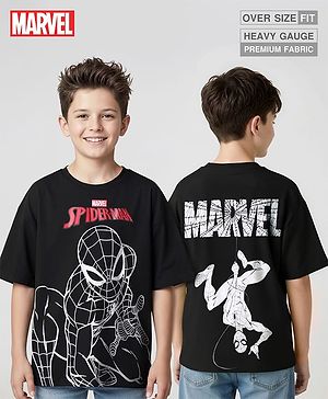 Pine Kids Marvel Terry Knit Half Sleeves Oversize Drop Shoulder T-Shirt With Front And Back Spider Man Graphics - Black