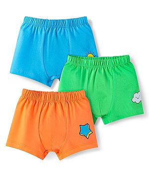 Babyhug 100% Cotton Knit Trunks with Star & Cloud Print Pack of 3 - Orange Green & Blue