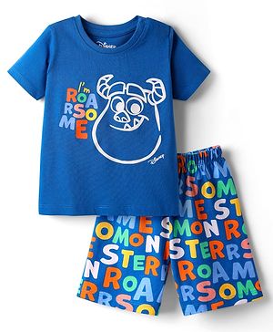 Babyhug Disney Single Jersey Knit Half Sleeves Shorts Night Suit With Monster Graphic - Blue