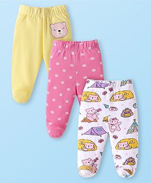 Babyhug Interlock Knit Bootie Leggings with Polka Dots & Bear Print Pack of 3 - Yellow White & Pink