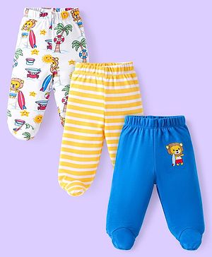 Babyhug Interlock Knit Bootie Leggings With Animal & Beach Theme Print Pack of 3 - Blue Yellow & White