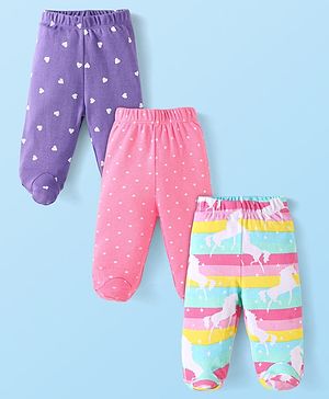 Babyhug Interlock Knit Footed Leggings with Polka Dots Unicorn & Hearts Print Pack of 3 - Pink & Purple