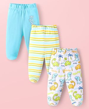 Babyhug Interlock Knit Full Length Bootie Leggings with Stripes & Dino Print Pack of 3 - Light Blue & White