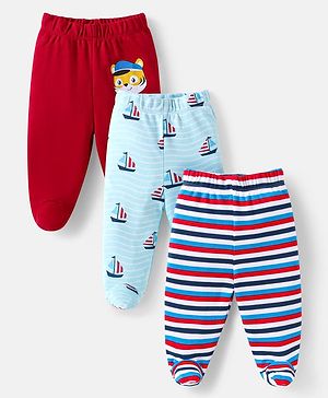 Babyhug Cotton Interlock Knit Full Length Bootie Leggings  with Cub & Boat Print Pack of 3 -Dark Red & Sky Blue