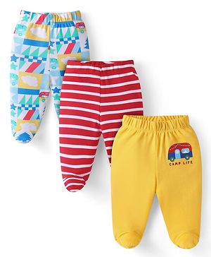Babyhug 100% Cotton Interlock Knit Bootie Leggings with Stripes & Bus Print Pack of 3 - Yellow Light Blue & Pink