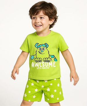 Babyhug Disney Single Jersey Knit Half Sleeves Shorts Night Suit With Monster Graphic - Limegreen