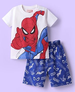 Babyhug Marvel Single Jersey Knit Half Sleeves Shorts Night Suit With Spider-Man Graphic - White & Blue