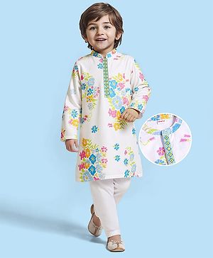 Babyhug Cambric Cotton Woven Full Sleeves Kurta Pyjama Set with Floral Print - White