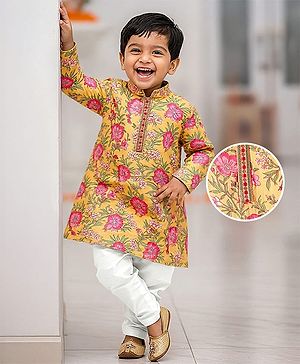 Babyhug Cotton Woven Full Sleeves Kurta Pyjama Set with Cambric Floral Print - Yellow