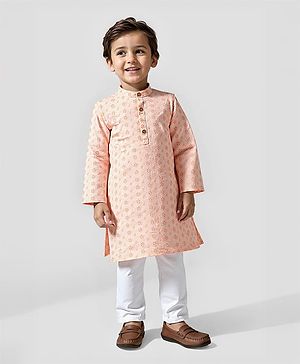 Babyhug Cotton Woven Full Sleeves Kurta Pyjama Set With Schiffli Embroidery - Light Orange