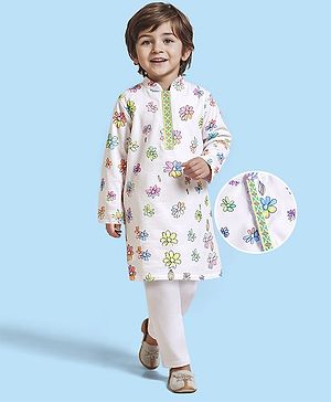 Babyhug Cotton Flex Woven Full Sleeves Kurta Pyjama Set with Digital Floral Print - White