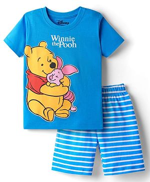 Babyhug Disney Single Jersey Knit  Half Sleeves Shorts Night Suit With Winnie & Friends Graphic - Blue