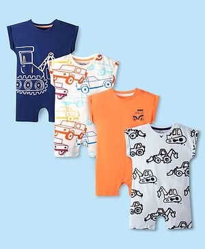 Bonfino 100% Cotton  Knit Half Sleeves Rompers with Vehicle Print Pack Of 4 - Orange White & Navy Blue