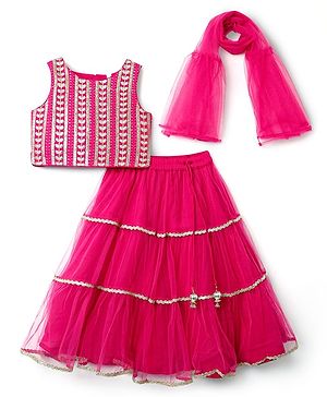 Babyhug Woven Sleeveless Choli Lehenga Set & Dupatta With Floral Embroidery & Lace Detailing - Fuschia