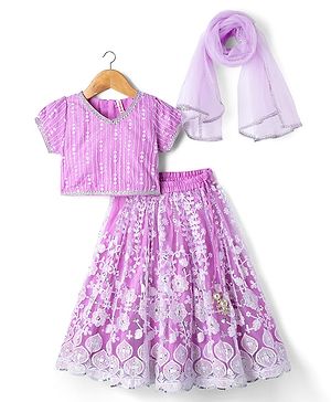 Babyhug Woven Half Sleeves Sequin Detailing Lehenga Choli & Dupatta Set With Floral Embroidery  - Purple