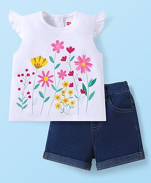 Babyhug Single Jersey Knit Frill Sleeves Floral Printed Top & Shorts Set - White & Navy Blue