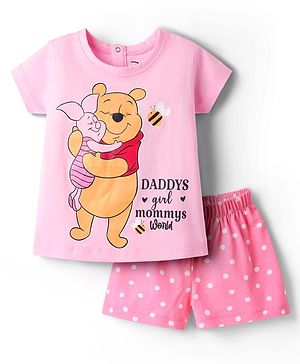 Babyhug Disney Single Jersey Knit  Half Sleeves Shorts Night Suit With Winnie The Pooh Graphic - Pink
