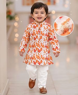 Babyhug Woven Full Sleeves Printed Kurta & Pajama Set With  Sequin Embroidery - Orange & White