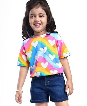 Babyhug Single Jersey Knit Half Sleeves Top & Short Set With Heart Print - Blue & Pink