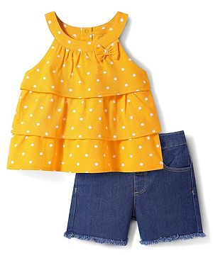 Babyhug Single Jersey Knit Sleeveless Halter Neck Top & Shorts Set with Polka Dots Print & Bow Applique - Yellow & Blue