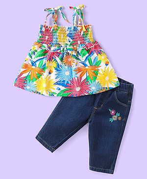 Babyhug Single Jersey Knit Singlet Sleeves Top & Denim Jeans with Floral Print & Embroidery - Blue