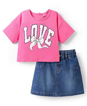 Babyhug Single Jersey Knit Half Sleeves Top & Denim Skirt Set With Love Print - Pink & Blue