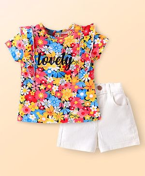 Babyhug Single Jersey Knit Half Sleeves Top & Denim Shorts Set with Floral Print & Frill Detailing - White